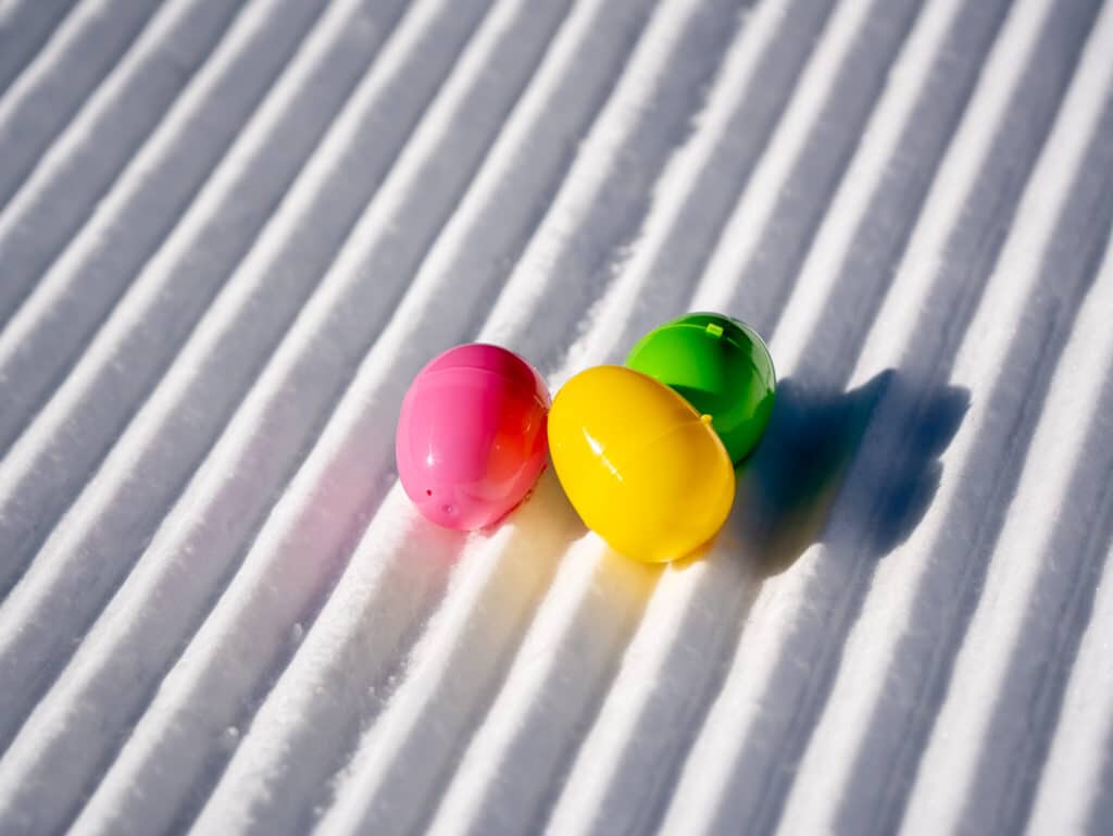 Colorful Easter eggs resting on the snow at Brian Head Resort’s annual Easter Egg Hunt