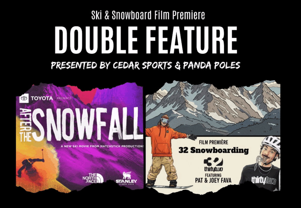 “Sponsor logos for the After the Snowfall film premiere, including Brian Head Resort, 32 Snowboarding, and Red Bull.