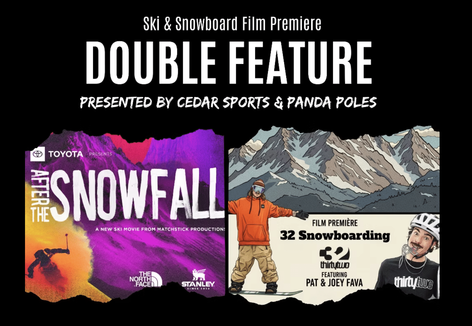 “Sponsor logos for the After the Snowfall film premiere, including Brian Head Resort, 32 Snowboarding, and Red Bull.